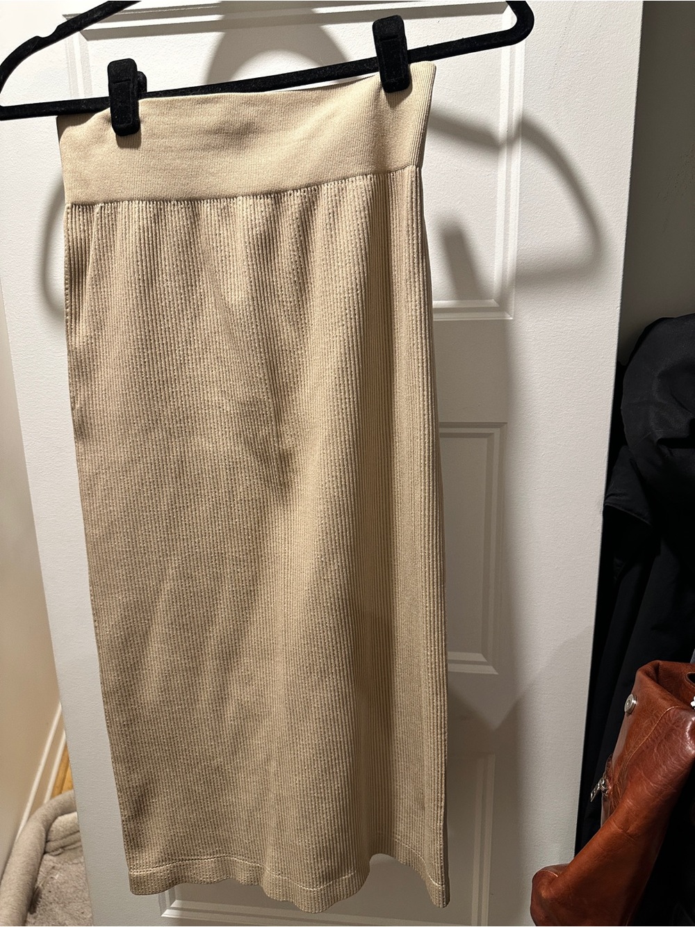 Ribbed Knit Midi Skirt - Beige